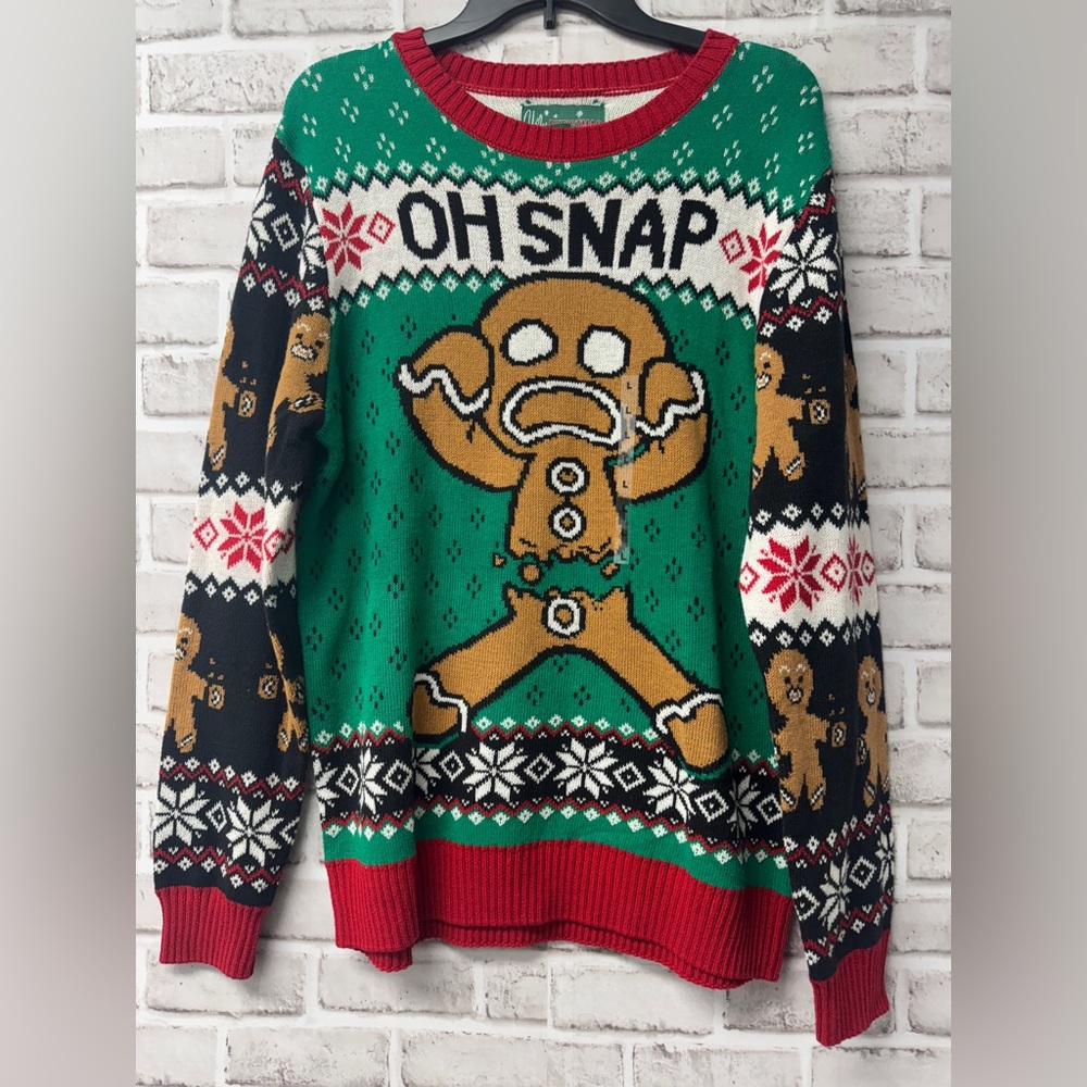 Ugly Christmas Sweater Snap! Gingerbread Man sz L.
